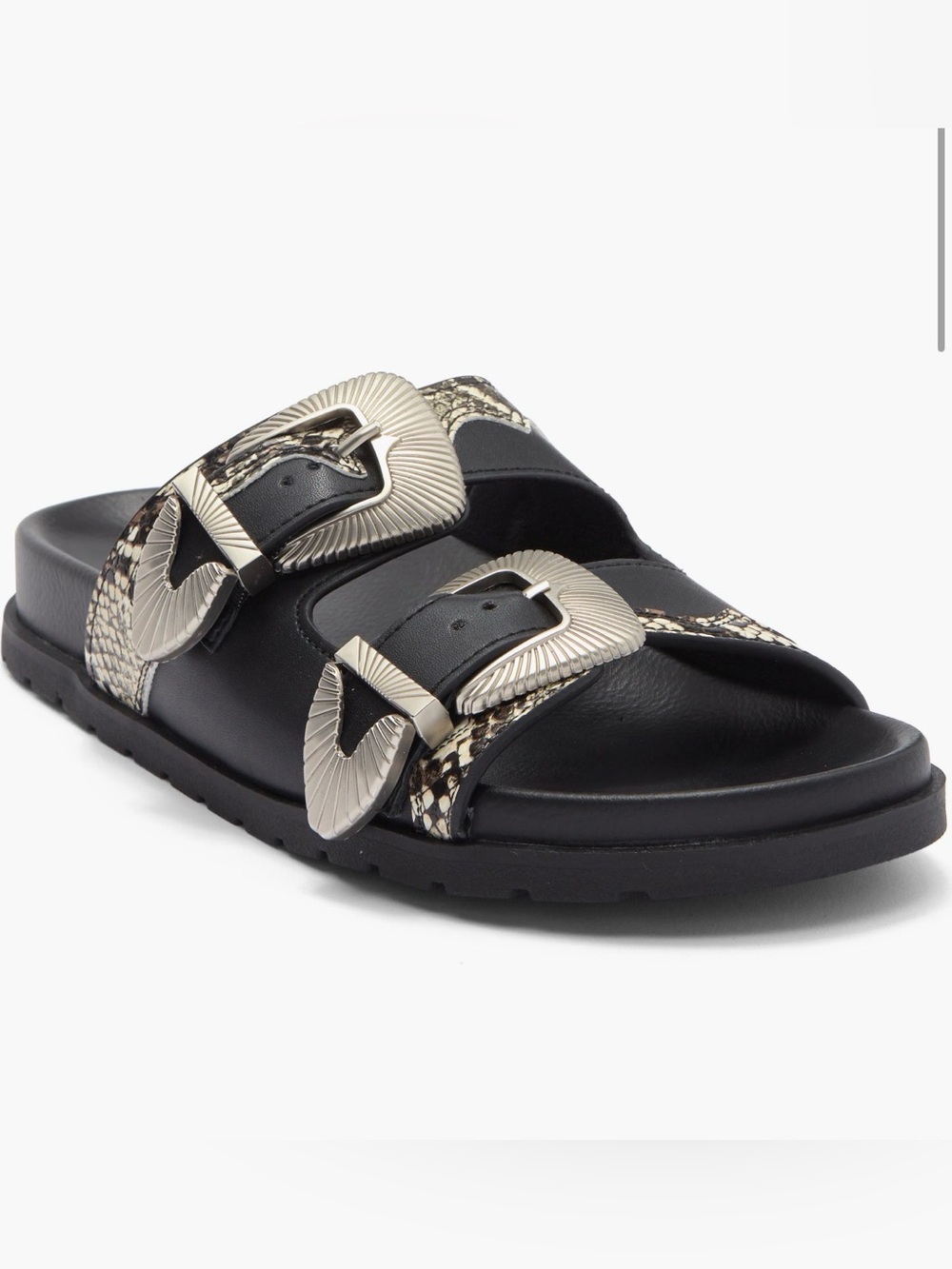 NWOT MIA Tibby Slide Sandal - Black Beige Snake Silver Buckles